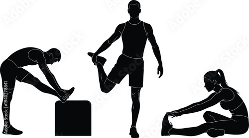 fitness stretching silhouettes, athletes warming up, workout warmup exercises, runner stretch poses, sport training routine, gym fitness vector illustration