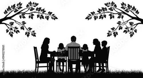 family dinner silhouettes, outdoor family gathering, parents and children eating together, tree branch frame scene, happy family vector illustration