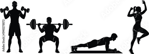 fitness workout silhouettes collection, gym training exercises set, weightlifting squat plank jumping athlete figures isolated black vector illustration