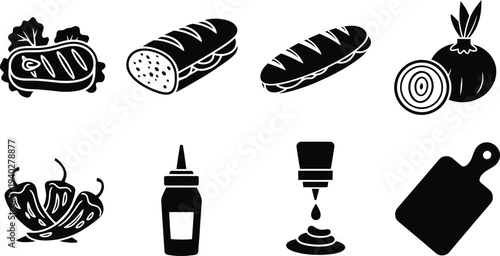 Sandwich Ingredients Vector Icons Set – Black Silhouette Food Illustrations for Menu Design