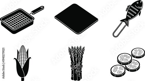 Grill Food Vector Icons Set with Fish, Corn, Asparagus, Cutting Board and Vegetables