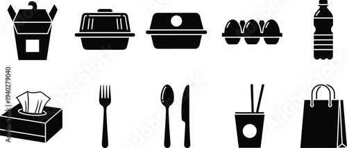 Food packaging and disposable items icons set, takeout box eggs bottle cutlery tissue shopping bag vector illustration