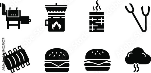 Barbecue Grill Food Icons Vector Set – BBQ, Burger, Smoker, Ribs, Tongs, Black Silhouette
