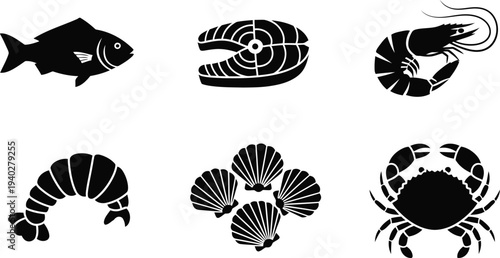 Seafood vector icons set with fish, shrimp, crab, shellfish, and salmon in black silhouette style