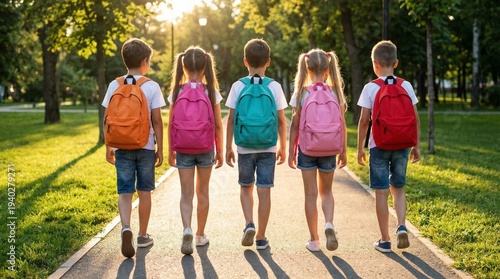 Foto Five children walk side by side on a paved path wearing colorful backpacks in a