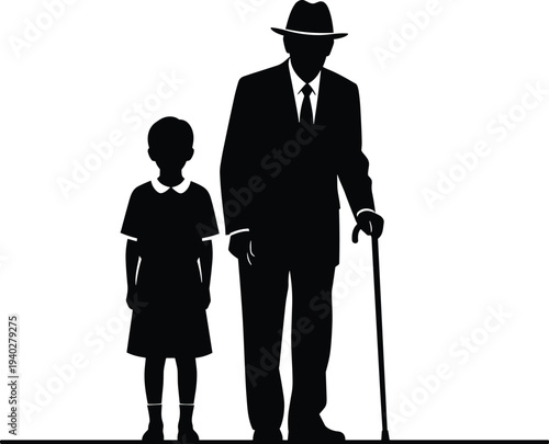 Grandfather and granddaughter silhouettes, family generation bond concept, elderly man with cane and child, minimalist black vector illustration