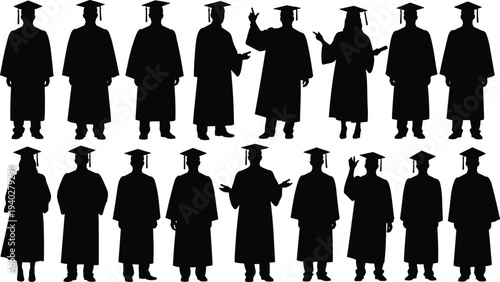 graduation student silhouettes collection wearing cap and gown, university graduates celebrating education success, academic vector illustration set
