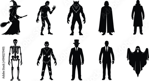 Halloween horror characters silhouettes set witch zombie werewolf vampire ghost skeleton spooky monster collection isolated vector illustration
