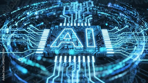 Futuristic glowing blue artificial intelligence chip illuminates complex digital circuitry symbolizing advanced machine learning and global data processing technology.