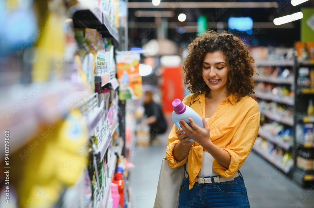 Fototapeta premium Woman shopping for product in supermarket aisle