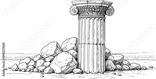 Ancient Ionic column fragment with weathered stones and grassy ground in a detailed line