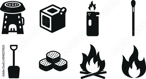 Campfire and Fire Starter Icons Set Black Silhouette Vector for Outdoor BBQ and Camping