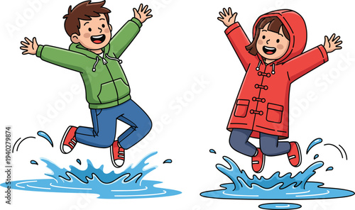 Happy children jumping in puddle illustration, kids playing in rain wearing raincoat, playful childhood rainy day activity cartoonv