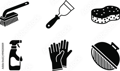 Cleaning Tools Vector Icons Set – Brush, Gloves, Sponge, Spray, Scraper, Grill Silhouette