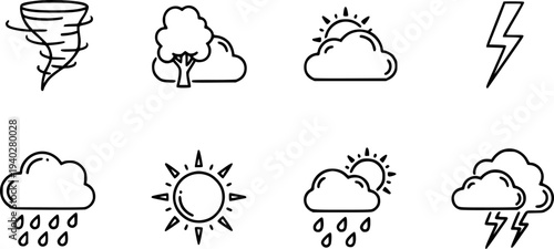 Collection of simple black line weather a white background symbol climate