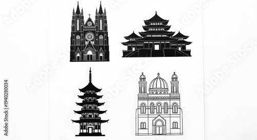 A collection of famous religious buildings and pagodas from around the world