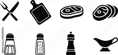 Steakhouse utensils and food black silhouette vector icons set for restaurant menu design