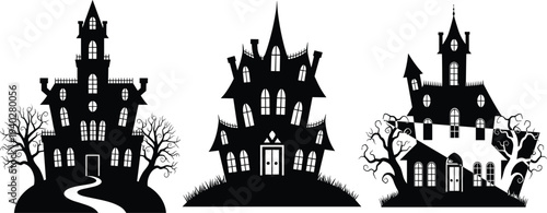 haunted house silhouettes set with spooky halloween castles and creepy trees, gothic horror buildings v
