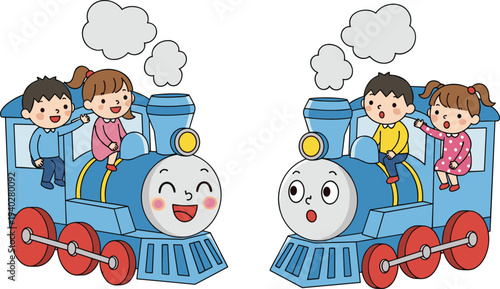 Happy kids riding cartoon train illustration, children enjoying toy locomotive ride, playful childhood transportation activity colorful vector design