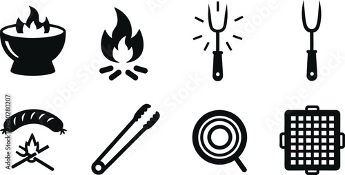 Barbecue Grill Tools and Campfire Icons Set Black Silhouette Vector for Outdoor Cooking