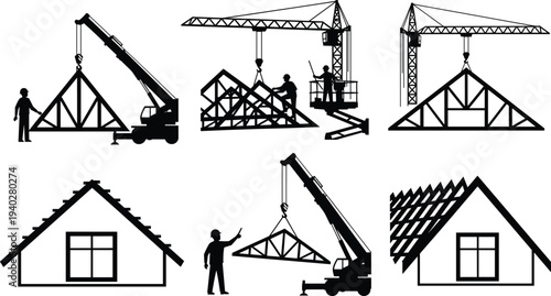 House roof construction silhouettes set with cranes workers and wooden trusses, building structure installation illustration for architecture industry