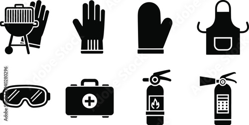 Barbecue Safety Equipment Vector Icons Set – Grill, Gloves, Apron, Fire Extinguisher, First Aid