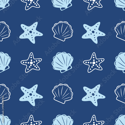 Tropical coastal starfish,seashell marine seamless pattern on blue ocean background.Minimal doodle Hand drawn sea life graphic design for textile, wallpaper, summer,print,home decor, holiday,vacation.