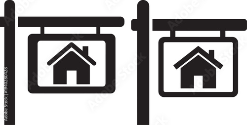 Simple Black Icon of a 'For Sale' Sign with a House Symbol, Real Estate Concept