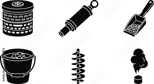 Mining equipment vector icons set in black silhouette style for industrial design