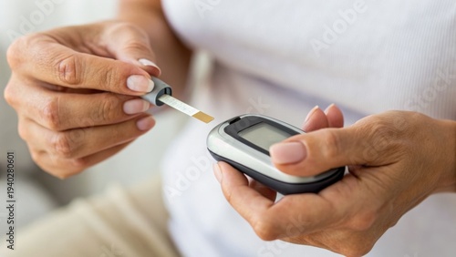 Person using a glucose meter to check blood sugar level by inserting a test strip, highlighting diabetes management and health monitoring.