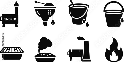 Barbecue and Smoker Icons Set Black Silhouette Vector for Grill and Cooking Design