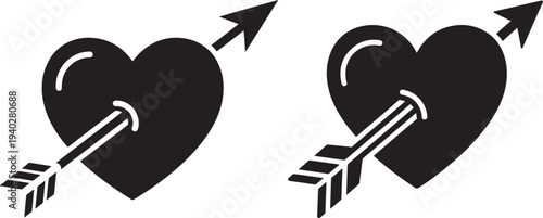 Black Icon of Heart Pierced by Cupid's Arrow, Symbolizing Love or Broken Heart