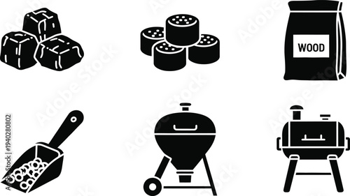 Barbecue Grill and Charcoal Vector Icons Set for BBQ, Smoker, and Outdoor Cooking Designs