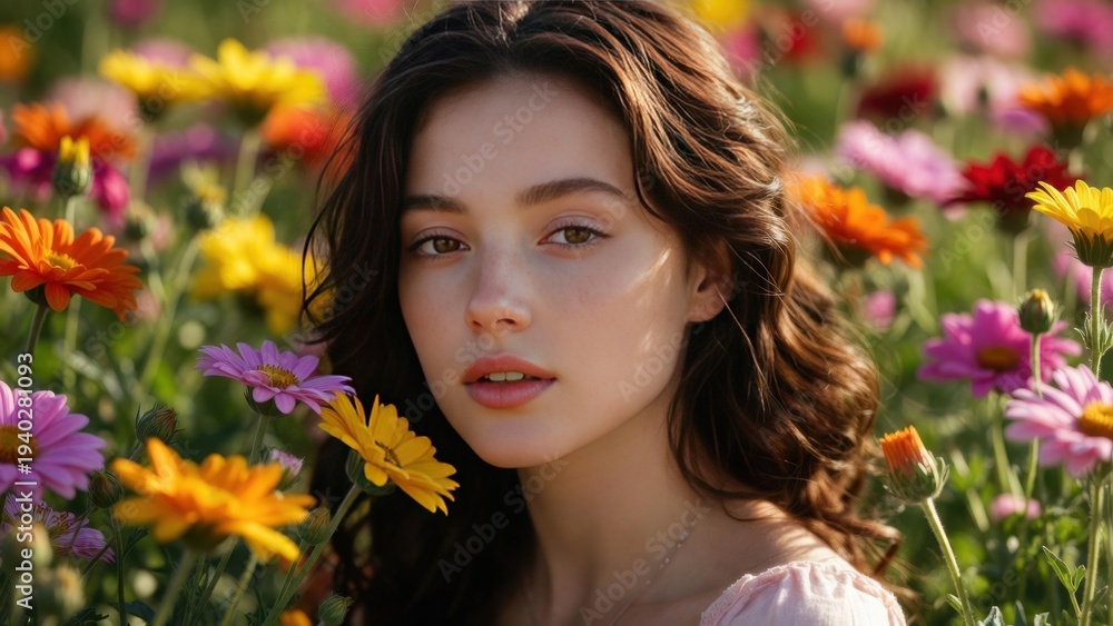 Naklejka premium Young woman posing among colorful wildflowers in sunny field.
