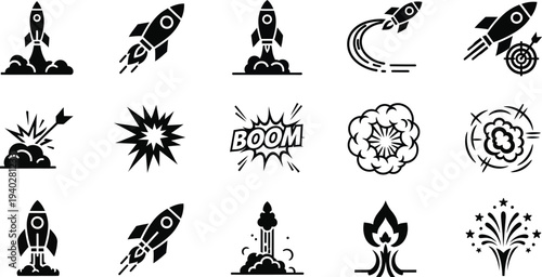 Collection of black and white rocket ship icons and explosive effects