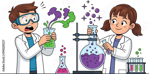 Kids doing science experiment with colorful chemicals in laboratory cartoon illustration, children learning chemistry and STEM education concept