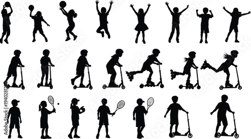 kids playing and jumping silhouettes collection, children riding scooter and playing sports, active childhood vector illustration set