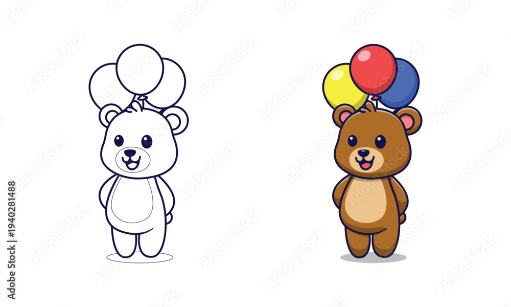 Fototapeta premium Cute bear holding balloons cartoon coloring pages for kids