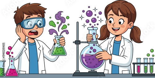 Kids science experiment illustration, children mixing chemicals in laboratory, fun education chemistry activity with test tubes and flasks