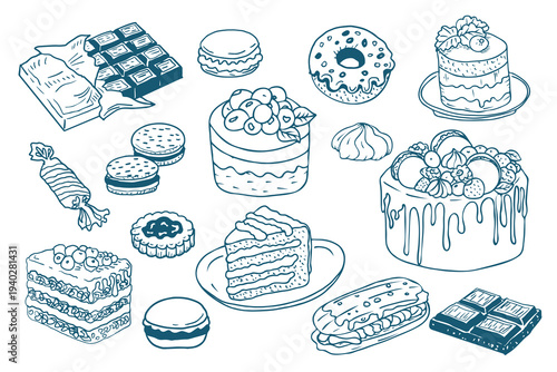 Hand drawn vintage desserts set. Dolce vita  food illustration in mediterranean blue style perfect for cafe or restaurant menus design.	