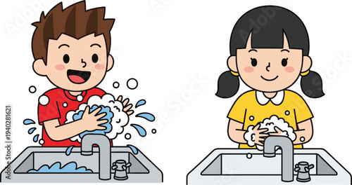 Kids washing hands with soap at sink, hygiene education cartoon illustration teaching children handwashing for health and cleanliness
