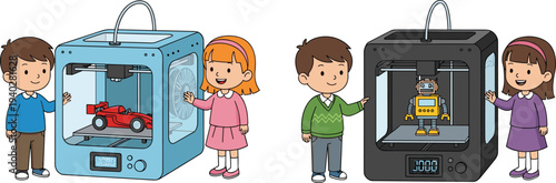 Kids using 3D printer creating toy car and robot, children learning technology and innovation STEM education cartoon illustration