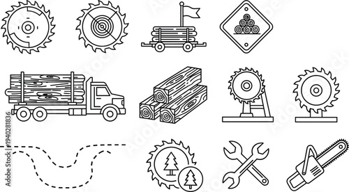 Lumber industry and woodworking tools line icons set, saw blade logging truck timber chainsaw vector illustration