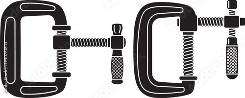Two C-clamps, black and white illustration representing tools for construction, carpentry, and DIY