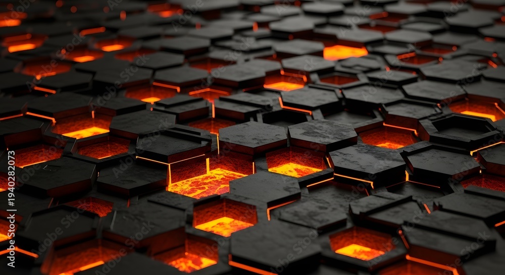 Obraz premium Glowing orange hexagonal pattern on dark background