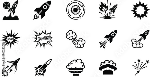 Collection of black and white rocket and explosion icons