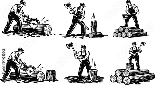 Lumberjack worker cutting wood with axe and saw, logging industry illustration set for forestry, timber production and carpentry work