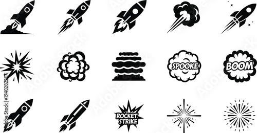 Collection of black and white rocket and explosion icons