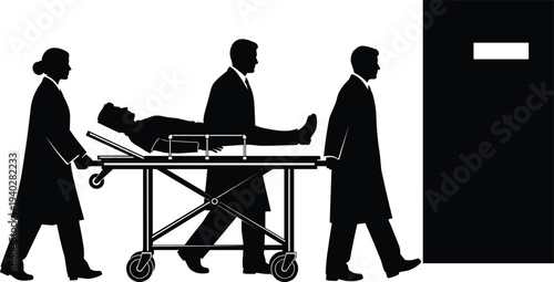Medical staff transporting patient on hospital stretcher silhouette illustration, emergency healthcare workers moving injured person to treatment room