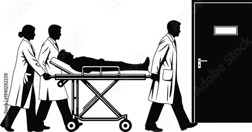 Medical team transporting patient on hospital stretcher silhouette illustration, emergency healthcare workers moving injured person to treatment room